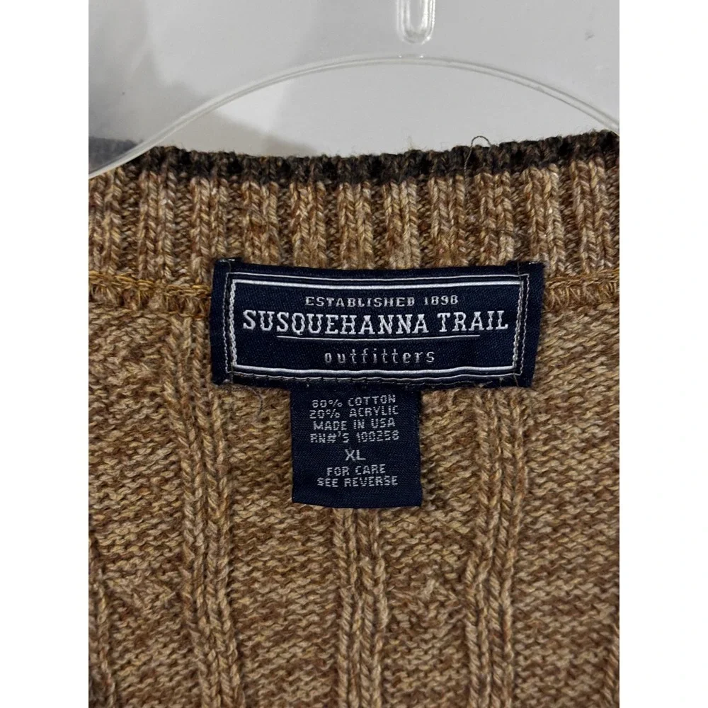 Vintage Susquehanna Trail Outfitters Men XL Brown Cable Knit V-Neck Sweater Vest